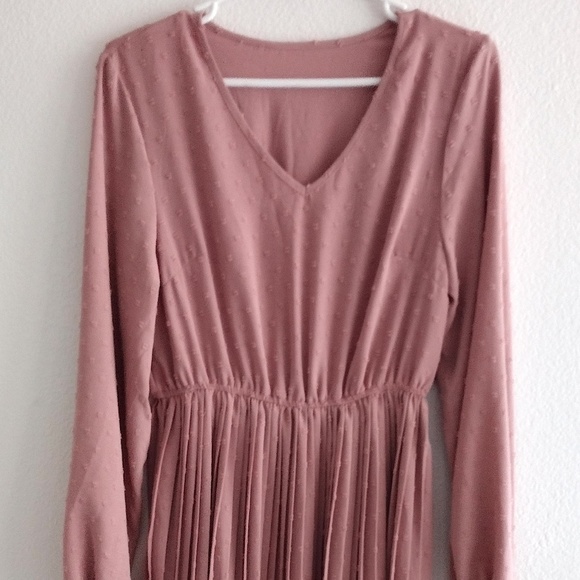 SHEIN Women's Medium Dusty Pink Pleated Unity Solid Swiss Dot A-line Vneck Dress - Picture 10 of 11